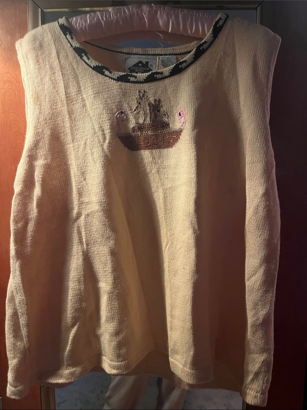 Storybook Knits Cream Sleeveless Knit Top with Embroidered Basket